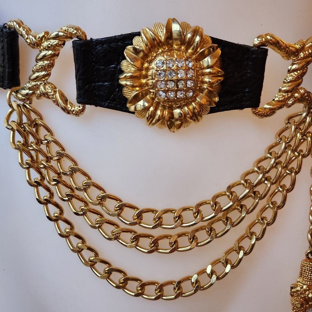 Vintage 90s Croc Embossed Black Leather Belt with Chains and Bling Size …